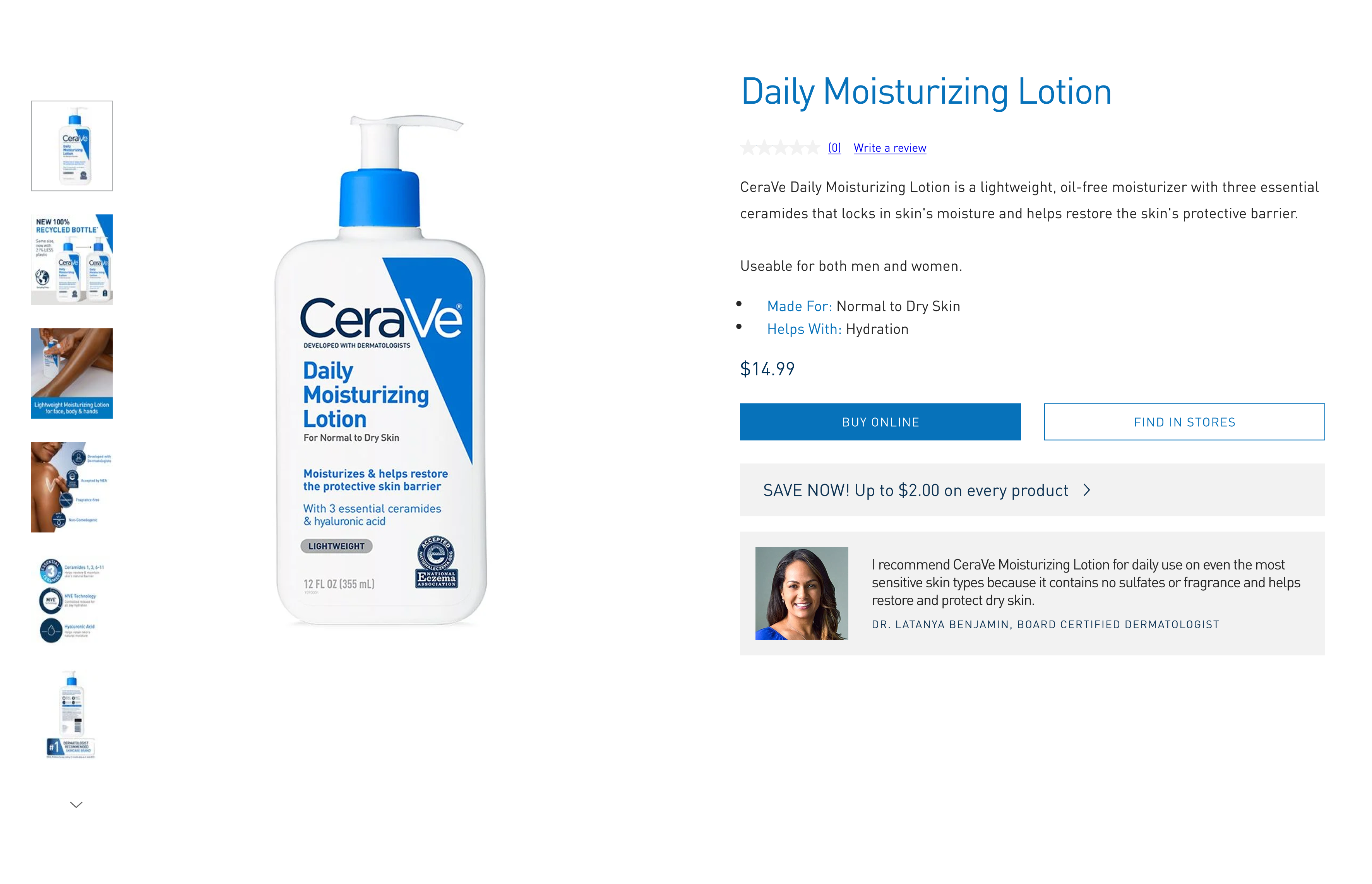 Original CeraVe Daily Moisturizing Lotion product page, before redesign.