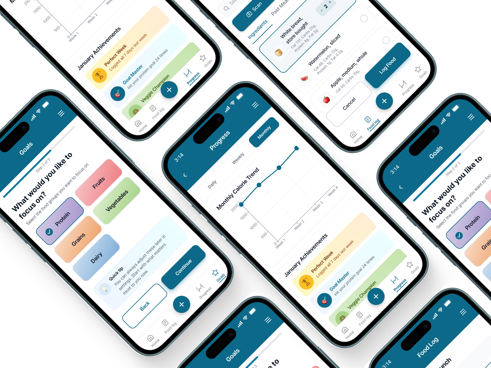 MyPlate redesign: onboarding, progress, and food log screens