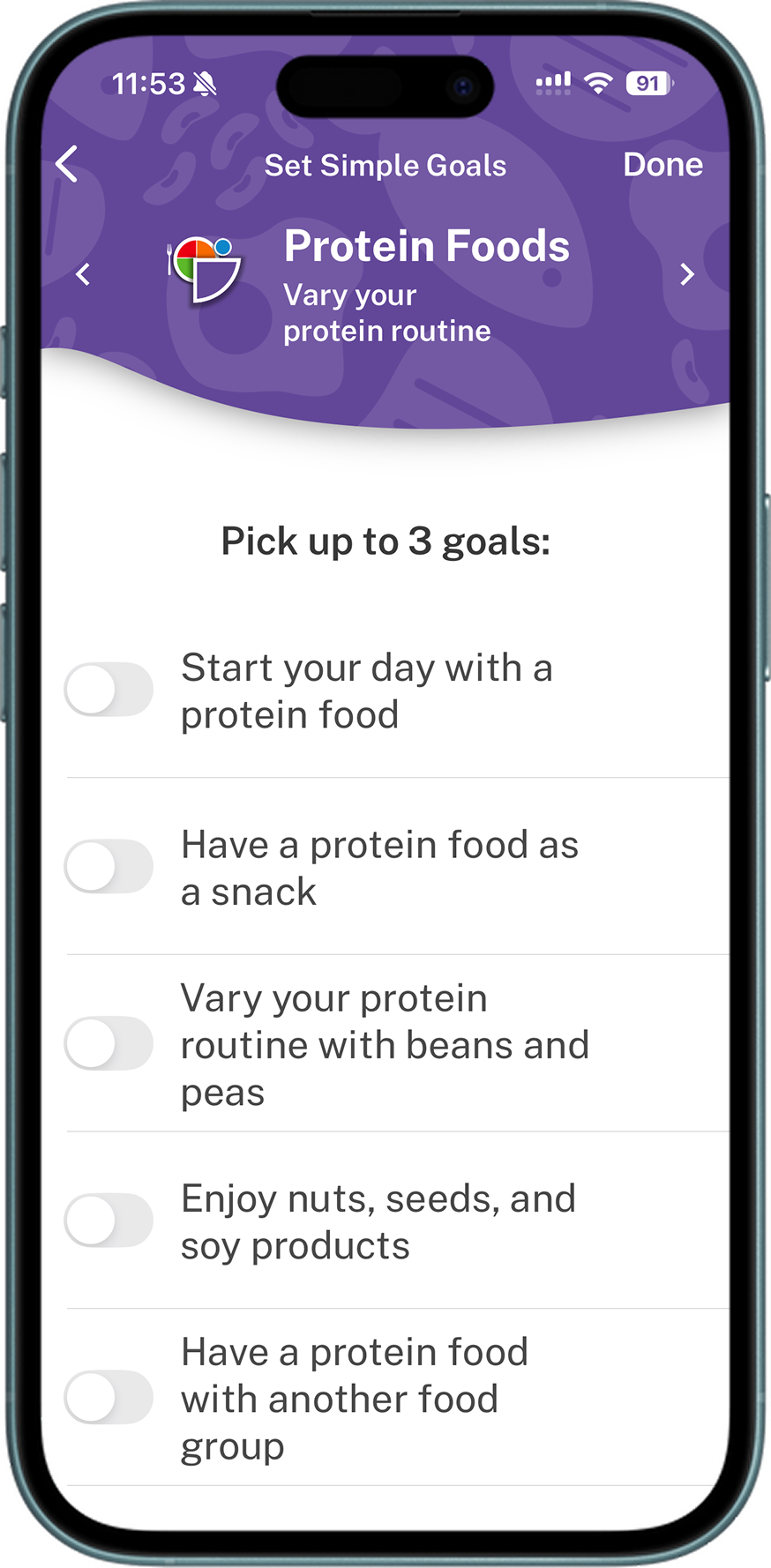 Original MyPlate goal setup