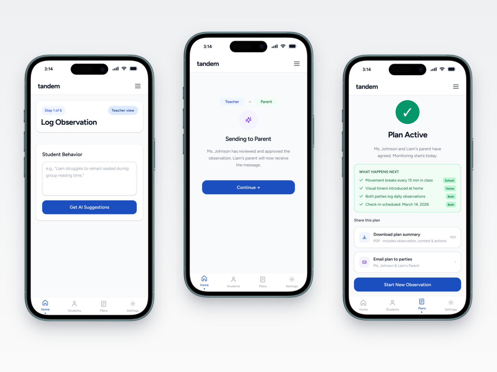Tandem: the teacher-and-parent app across observe, communicate, and shared-plan screens