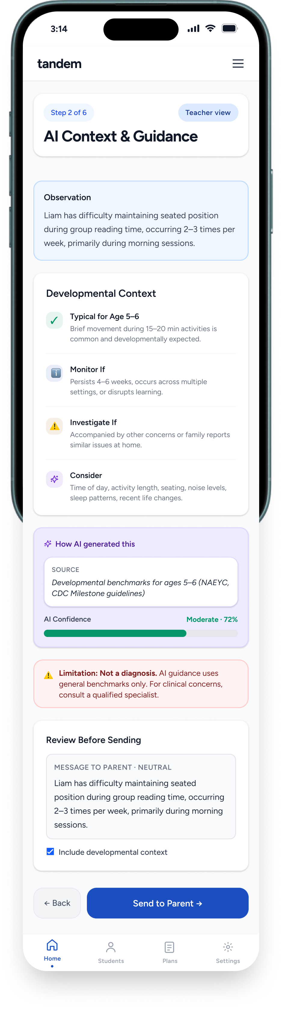 AI Context & Guidance: the AI frames the note against developmental benchmarks, cites its source and confidence, and marks a hard Not a diagnosis limit before the teacher sends