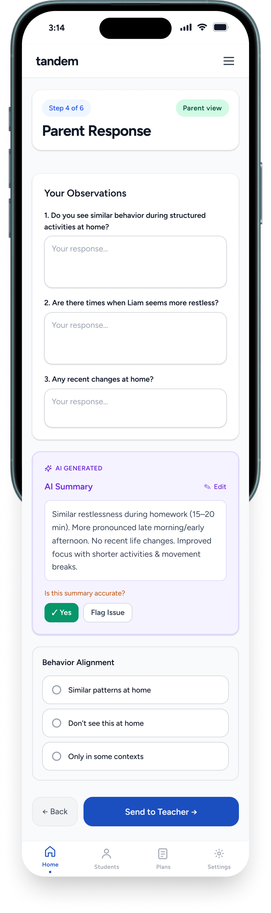 Parent Response: focused prompts let the parent add what they see at home, with an AI summary and behavior alignment