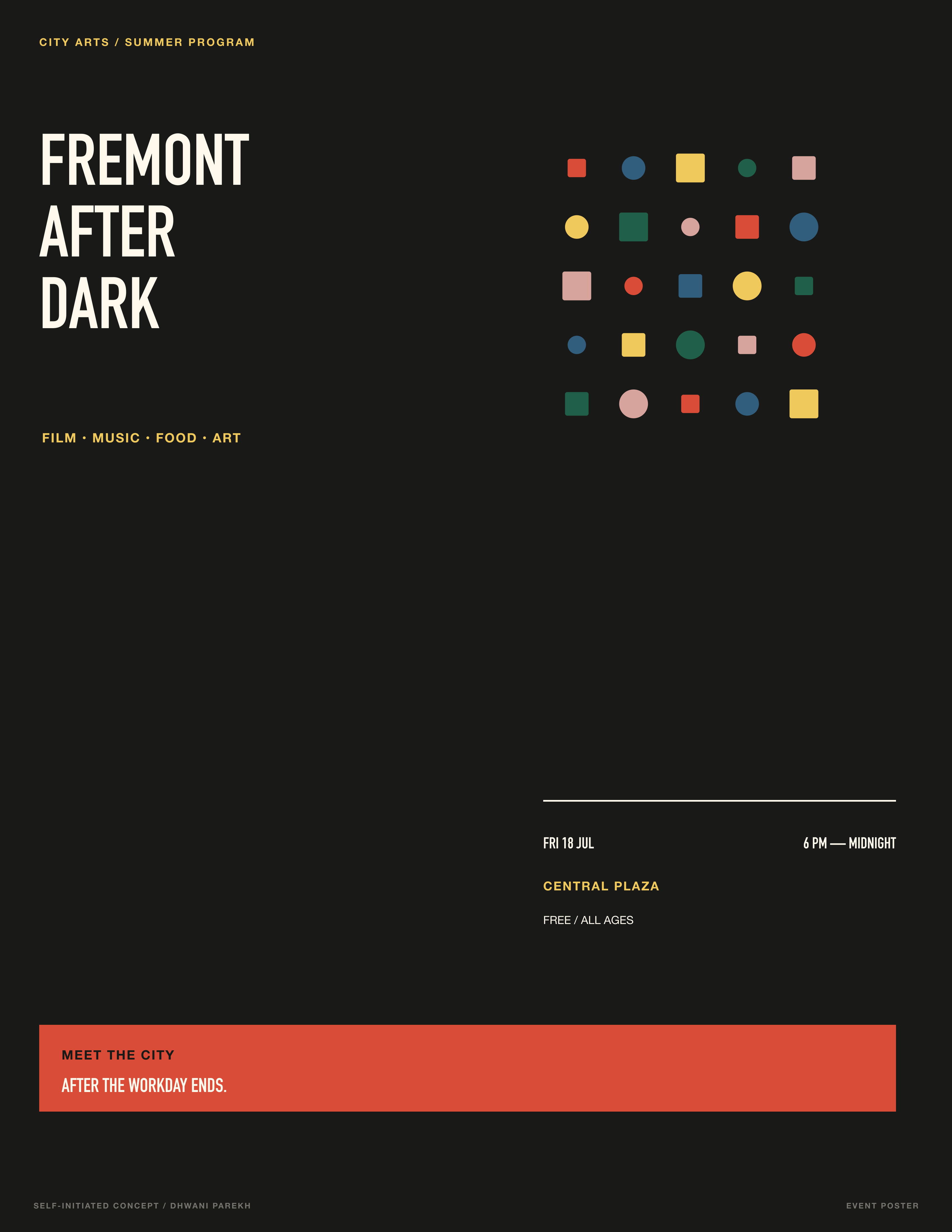 Fremont After Dark event poster: condensed headline and a grid of colored circles and squares on black