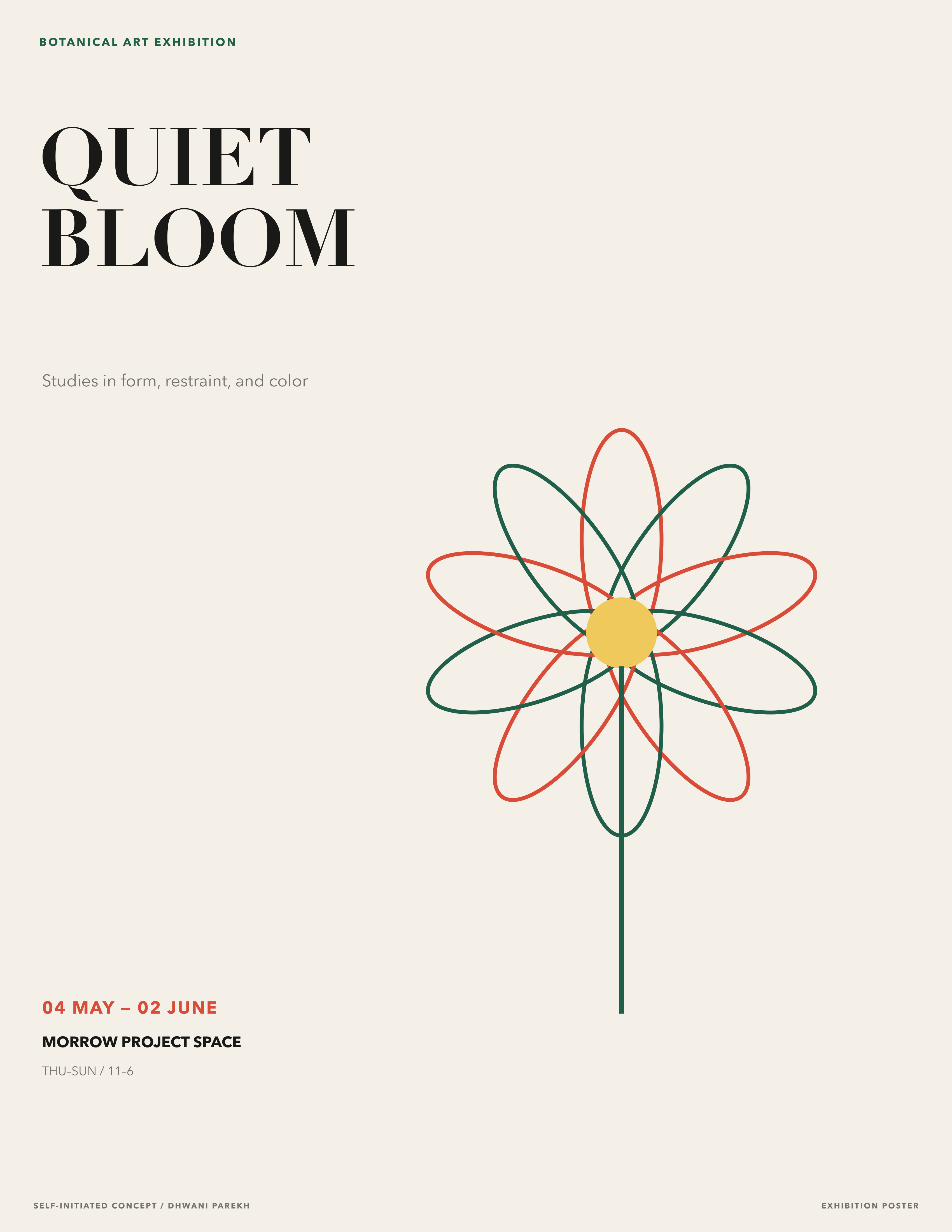 Quiet Bloom exhibition poster: serif title and a line-drawn flower in red, green, and yellow on cream