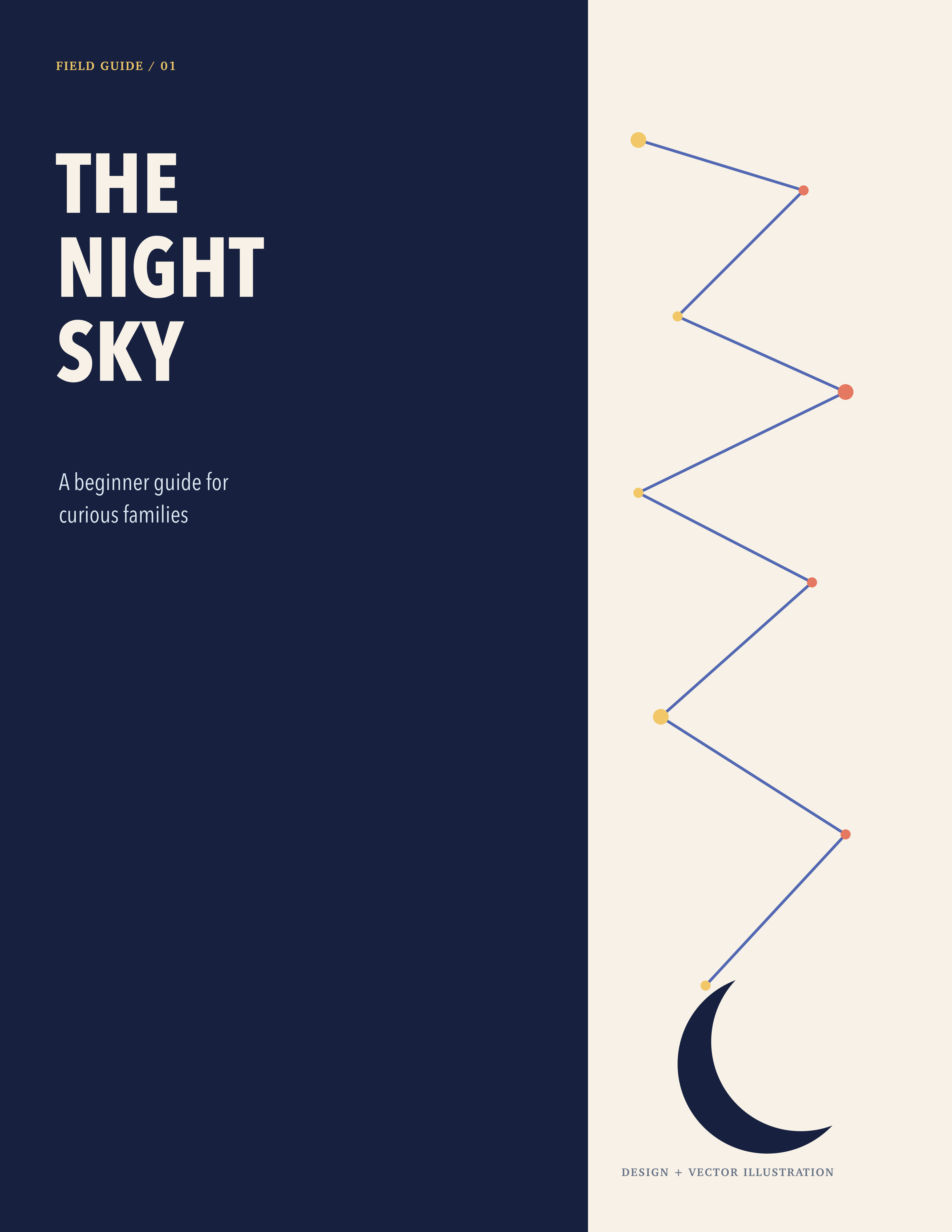 The Night Sky field guide cover: navy panel with title and a cream panel with a constellation line ending in a crescent moon