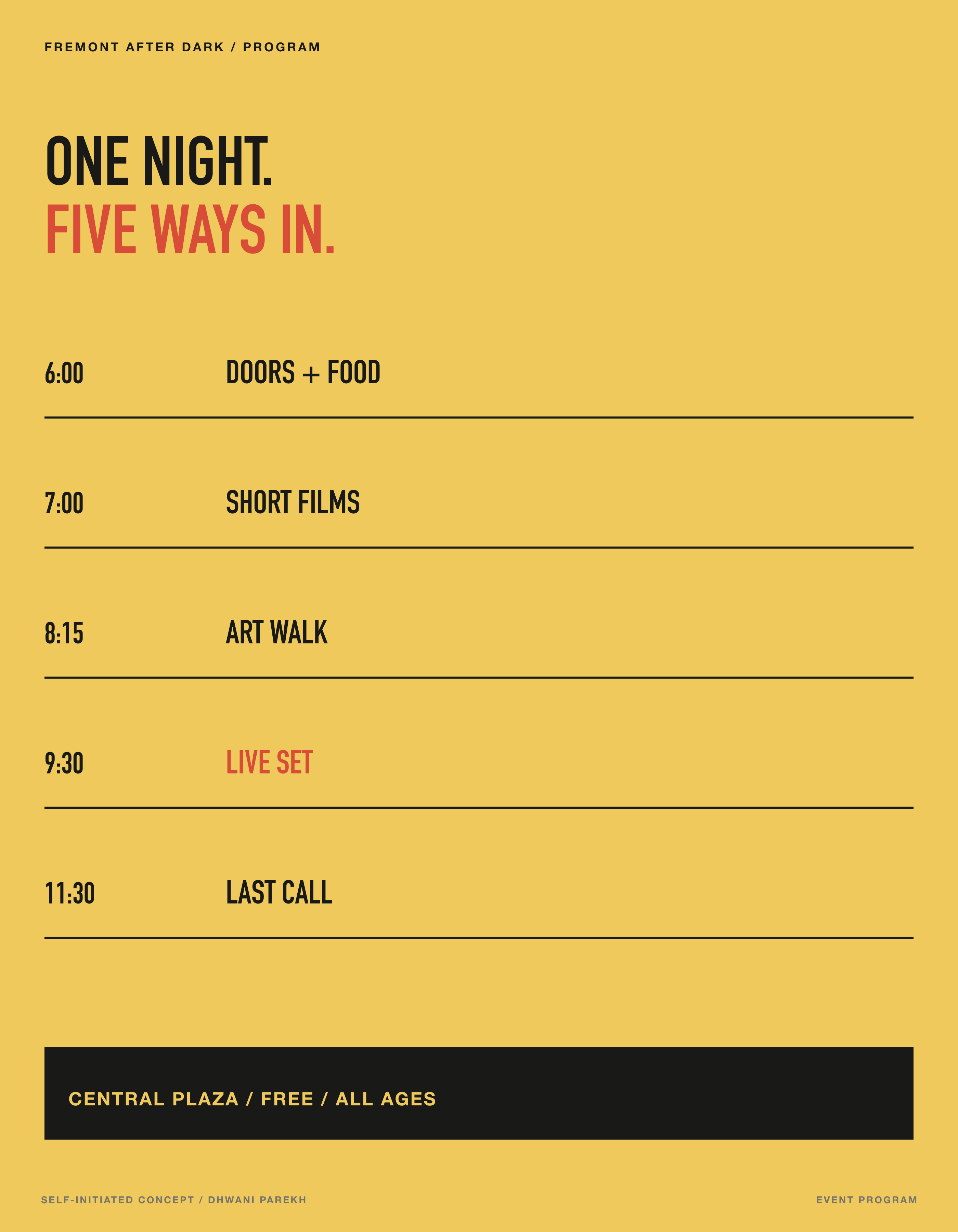 Fremont After Dark event program on yellow, listing five timed events