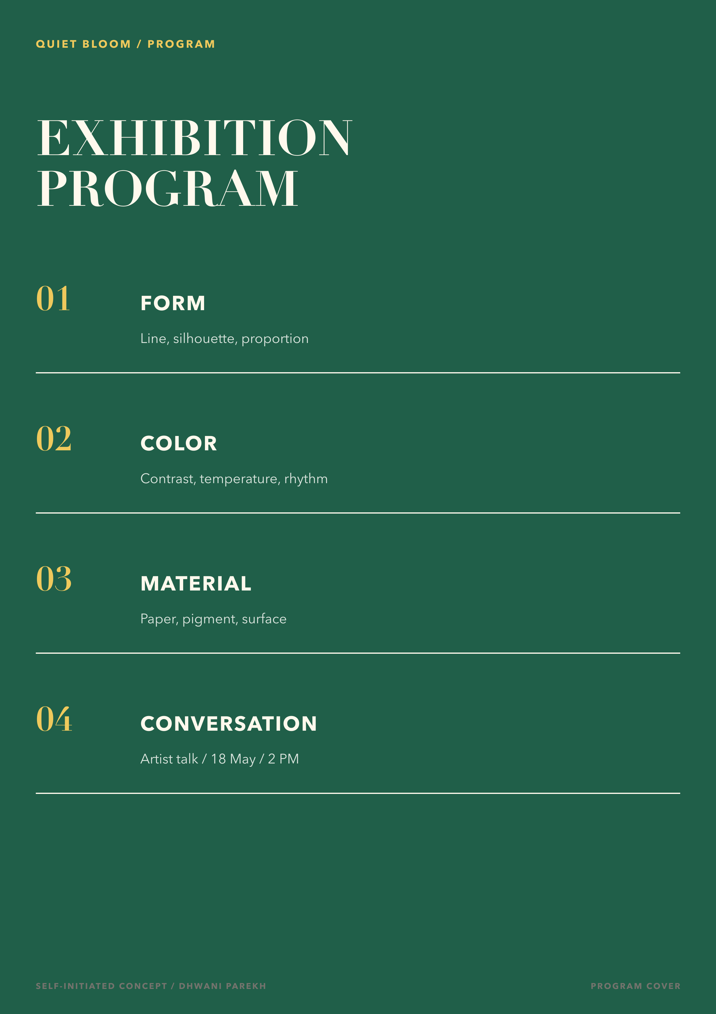 Quiet Bloom exhibition program on green listing form, color, material, and conversation