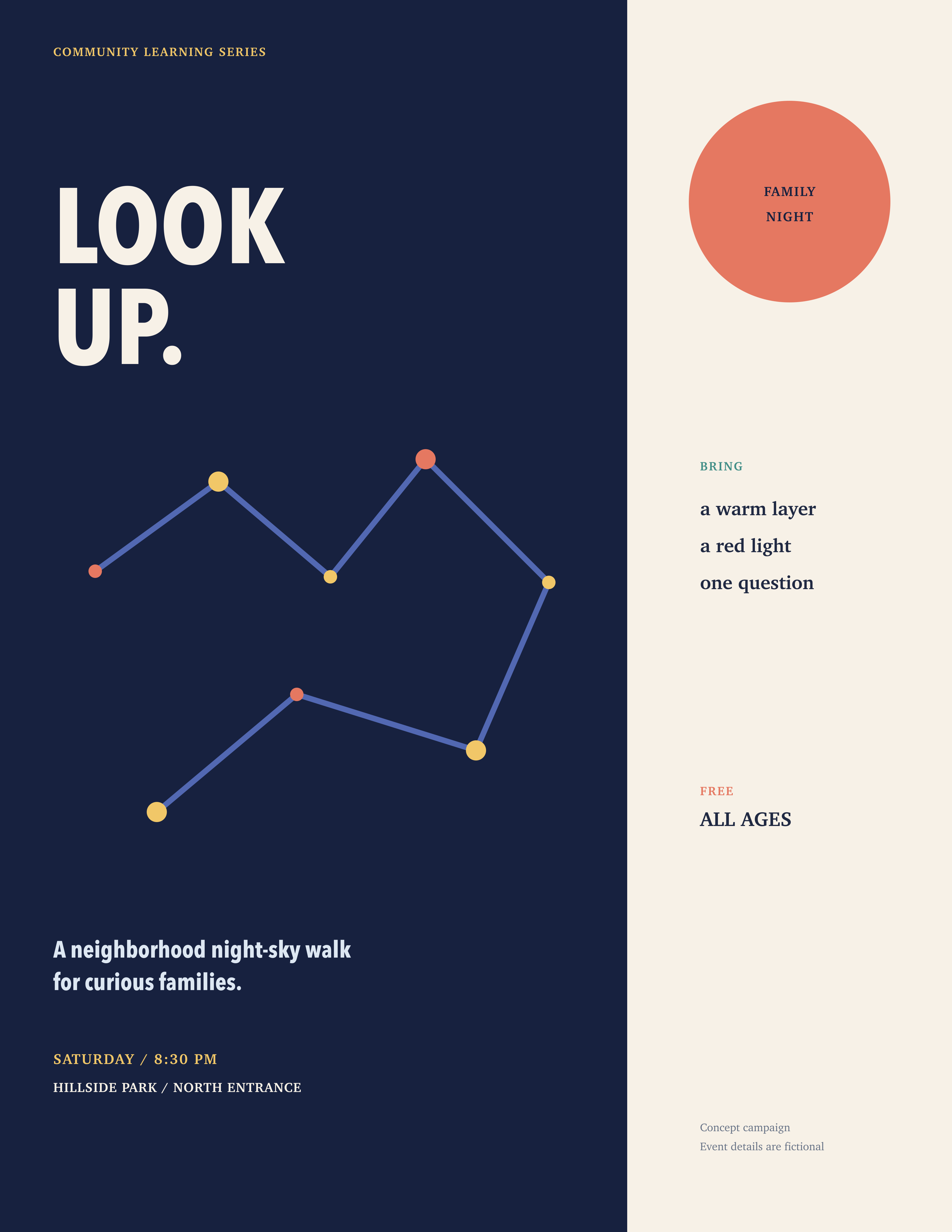 Look Up community night-sky walk poster with a constellation illustration