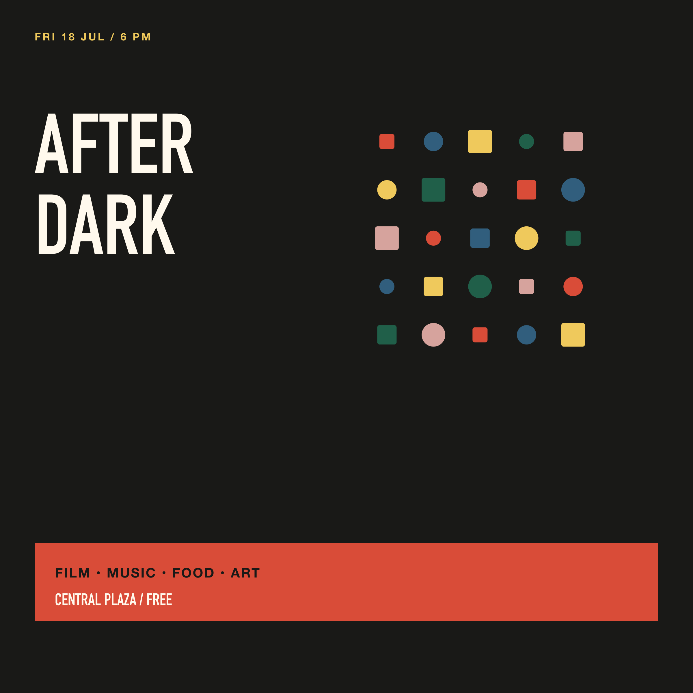 After Dark square social tile with the shape grid and a red information band
