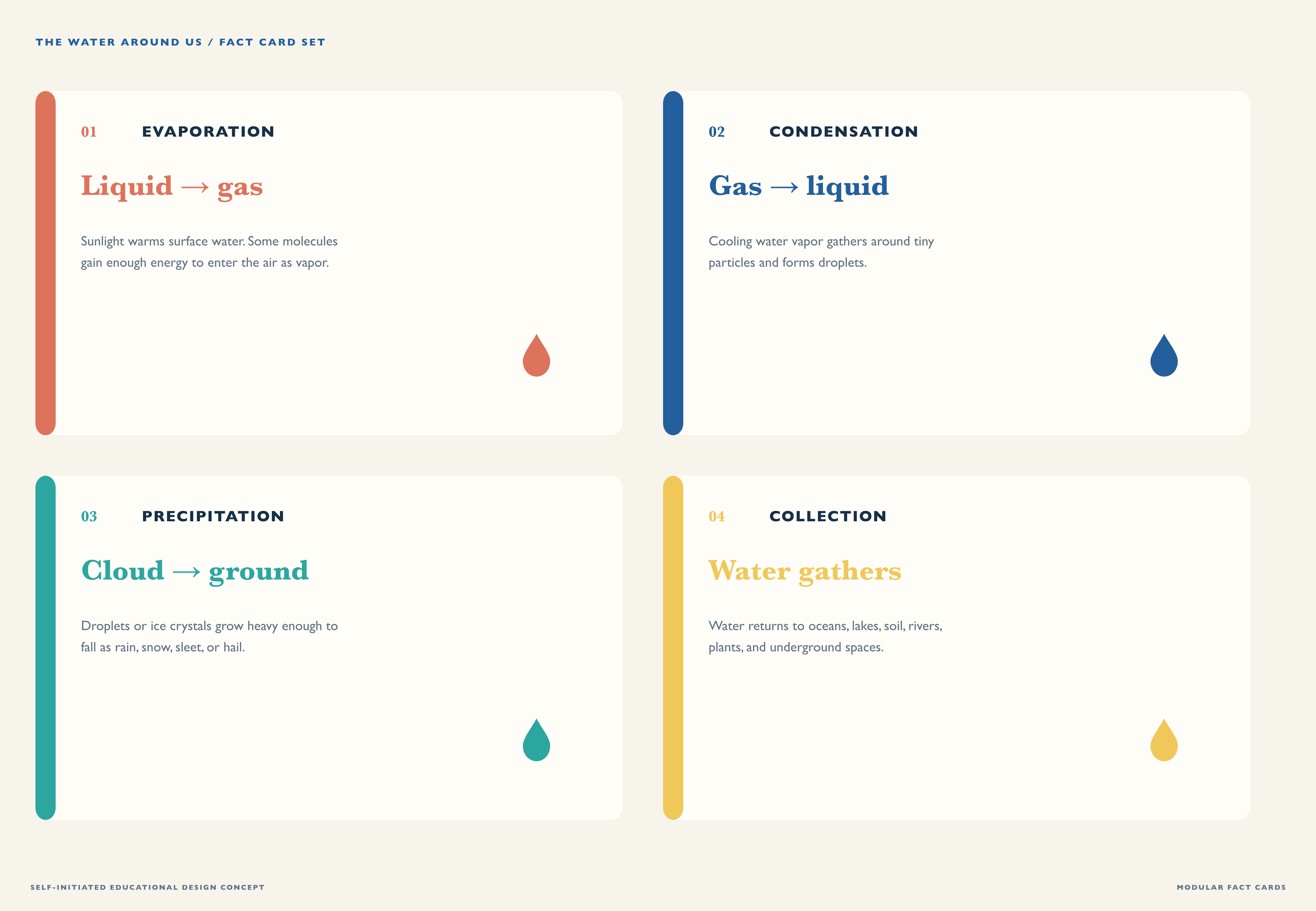 Four modular fact cards for evaporation, condensation, precipitation, and collection, each color-coded with a drop icon