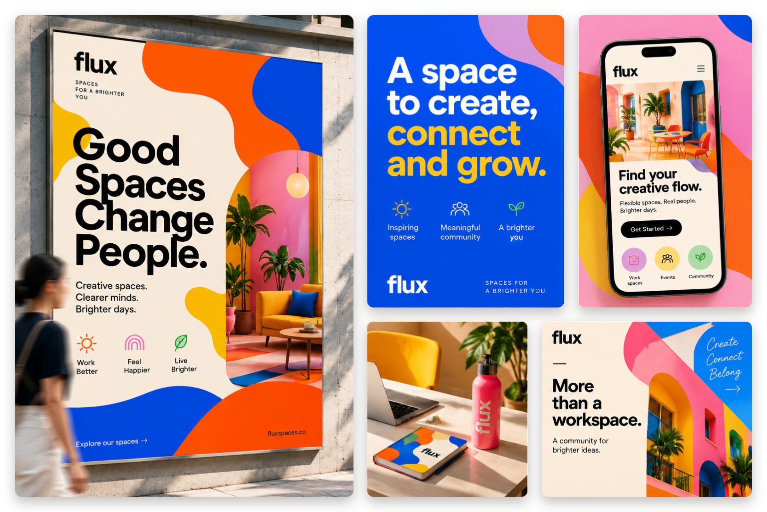 Flux brand campaign: street poster, social graphic, mobile app screen, branded notebook and water bottle, and a coworking ad