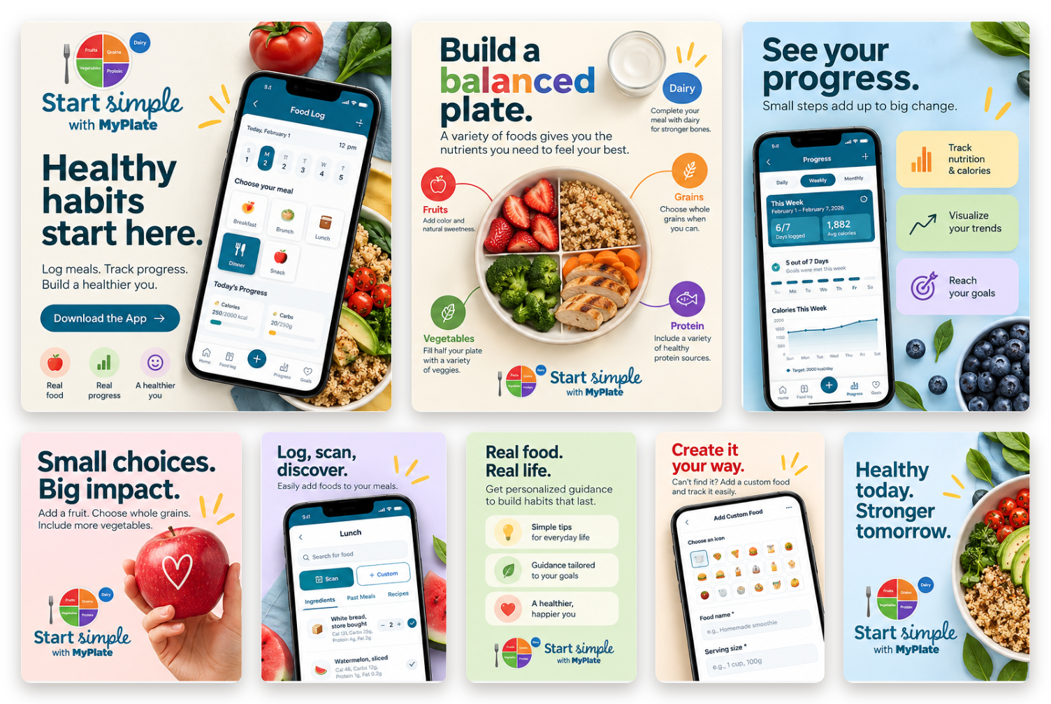 MyPlate Start Simple campaign: eight digital ads and social graphics showing food logging, balanced plate, progress tracking, and custom food entry