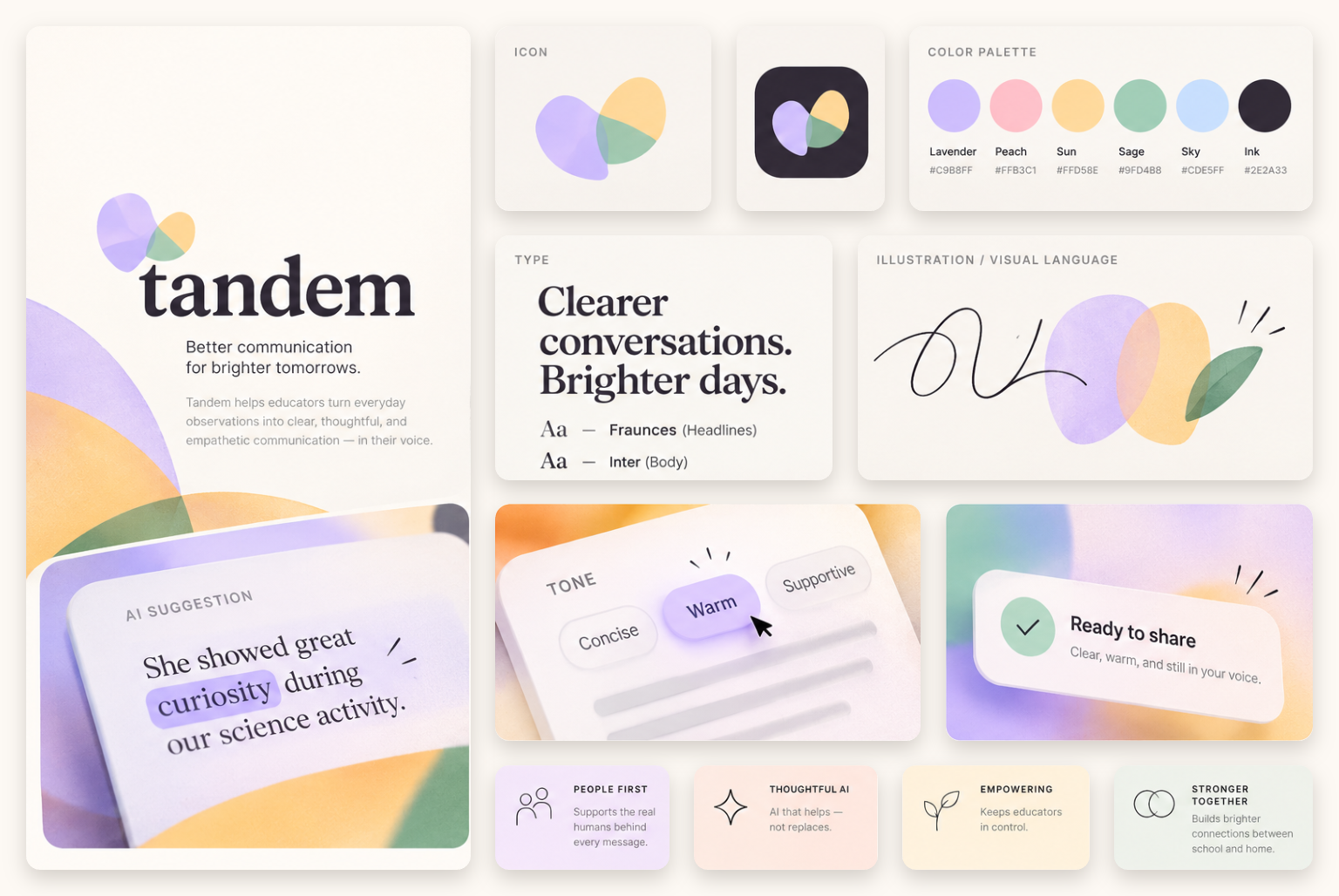 Tandem brand identity: logo, app icon, color palette, typography, illustration language, and product UI moments